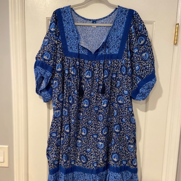 Old Navy Puff-Sleeve Printed Mini Swing Dress 3X – Split Neck, Tassel Ties - Picture 2 of 11